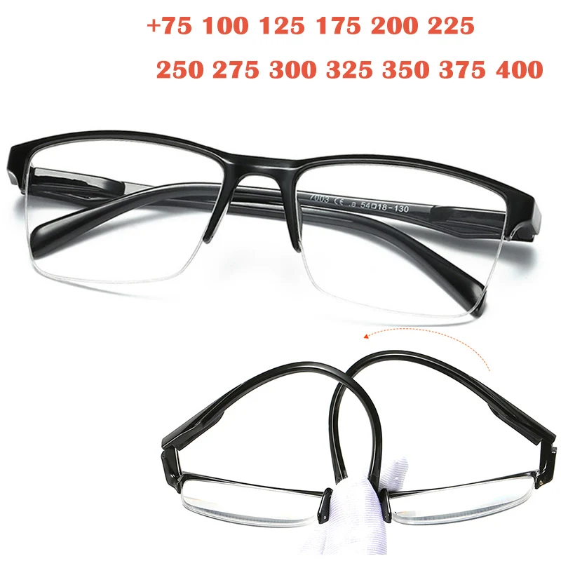 

Flexible Square Half Frame Reading Glasses Unisex Clear Ultralight Magnifying Presbyopic Glasses Black +75 to +400 gafas