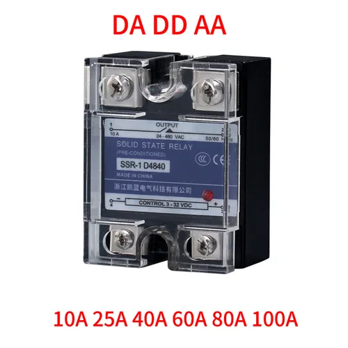 Imagen 2 del producto Relé de estado sólido con cubierta de plástico, 10A ~ 100A, DA DD, AA, Control de CC monofásico, CA 220V, A 3-32VDC, SSR-10DA, 25DA, 40DA