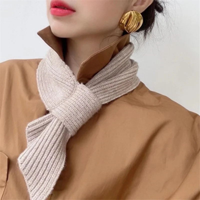 Korean Female Short Cross Wool Knit Scarf Winter Women Solid Color Elastic Soft False Collar Neck Guard Warm Scarves O34