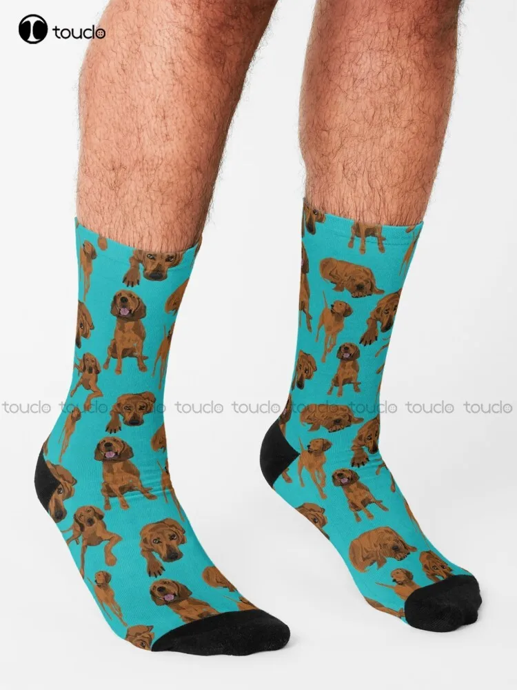 Redbone Coonhound On Turquoise  Socks Winter Socks For Men Personalized Custom Unisex Adult Teen Youth Socks 360° Digital Print