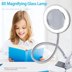 8X Illuminated Magnifier Flexible Rotation Desktop Magnifying Glass for Soldering Iron Repair/Table Lamp/Skincare Beauty Tool