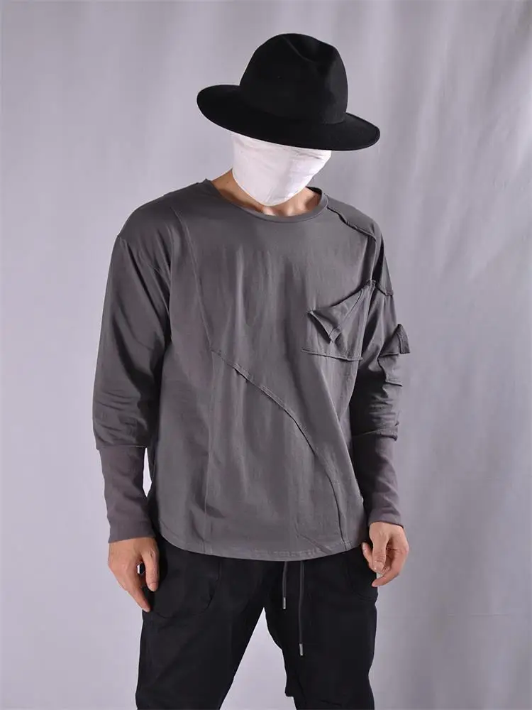 

Men's Long Sleeve T-Shirt Autumn New Dark Round Collar Personality Pocket Rib Sleeve Stitching Loose Punk Ninja T-Shirt