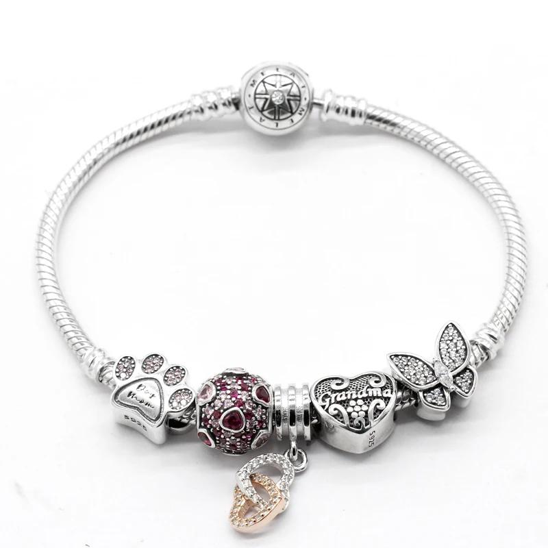 

Classic Pure 925 Sterling Silver Bracelet Heart-Shaped Butterfly Pink Love Heart DIY Jewelry Making