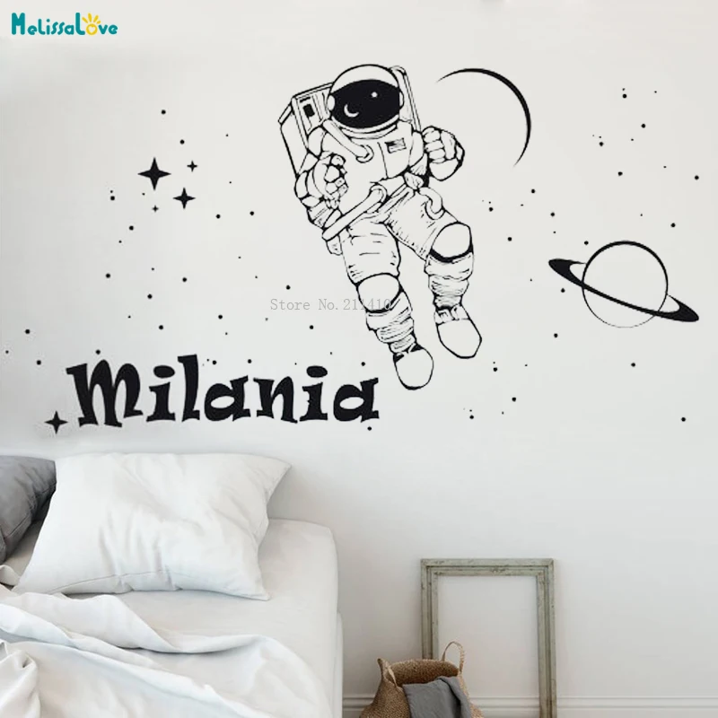 Custom Name Outer Space Decal-Cosmonaut Astronaut Nursery Decor Stars Sticker Spaceman Personalized DIY Murals YT1547