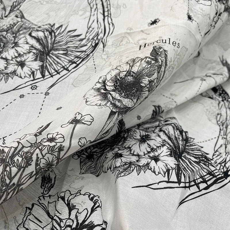 Black and White Bird/Flower/Butterfly Printed Thin Cotton Fabric For Woman Blouse Dress Tessuto En Tissu Tкань DIY Cloth Sewing