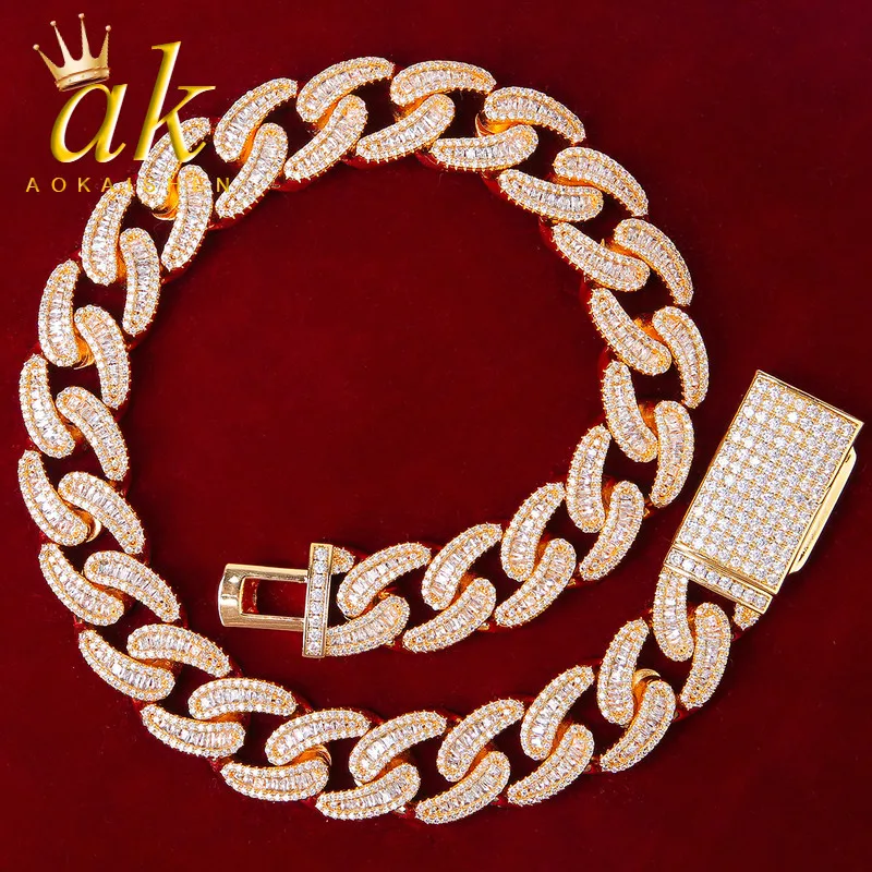 Aokaishen Baguette Necklace for Men Cuban Link Chain Gold Color Hip Hop Copper Fashion Jewelry Free Shipping Items