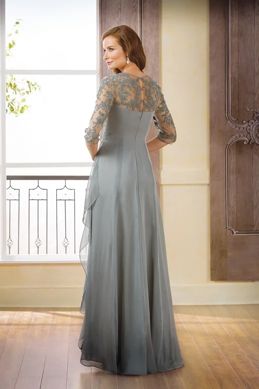 Vestido de novia con cuentas de encaje de media manga, vestido drapeado con cuello de Reina, línea A, gris plateado, talla grande