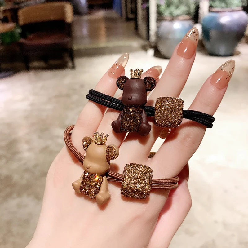 The New Brown Coffee Color Crown Czech Diamond Bear Hair Ring Full Of Diamond Square Hair Rope Ball Head Rope