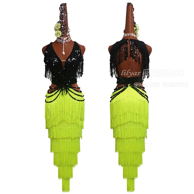 Falda de Baile para Competencia de Baile Latino, Vestido de Actuación con Lentejuelas Fluorescentes Verdes y Negras, Flecos y Perlas