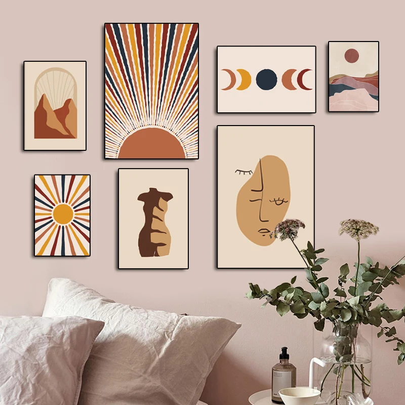 Abstrakte Sonne Mond Berg Leinwand Malerei Nordic Minimalistischen Gesicht Linie Wand Kunst Poster und Drucke Bild für Wohnzimmer Dekor