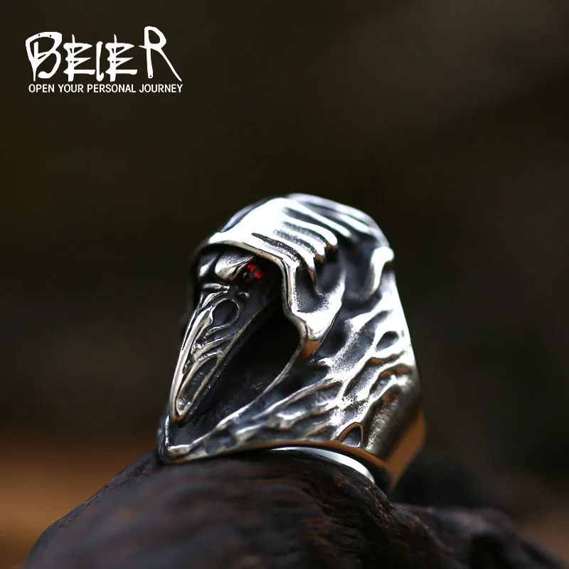 BEIER Viking crow skull Zircon Ring For Man Stainless Steel Grim Reaper Skull Ring Man's Jewelry BR8-761