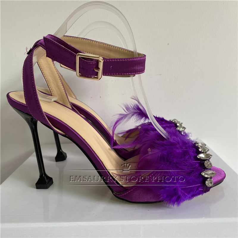 Sexy Summer 2024 Jeweled Feather Sandalias Mujer Unique Goblet Heel Open Toe Ankle Strap Luxury Satin High Heel Sandals Women