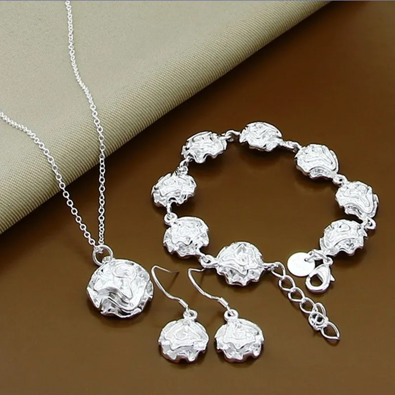 925 Sterling Zilveren Prachtige Rose Bloem Ketting Armbanden Oorring Set Voor Vrouwen Trouwfeest Sieraden Geschenken