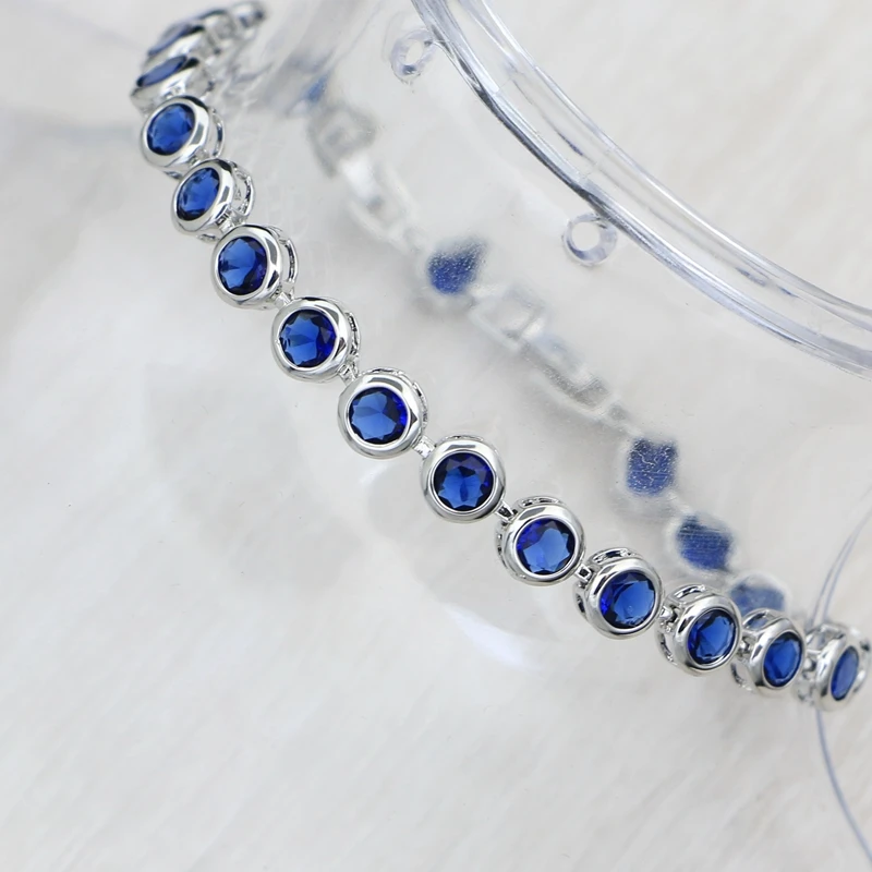 925 Sterling Silver Slim Bracelet for Women Blue Stone Zircon 18cm+2cm Extension Bracelet Two Buttons Free Gift Box