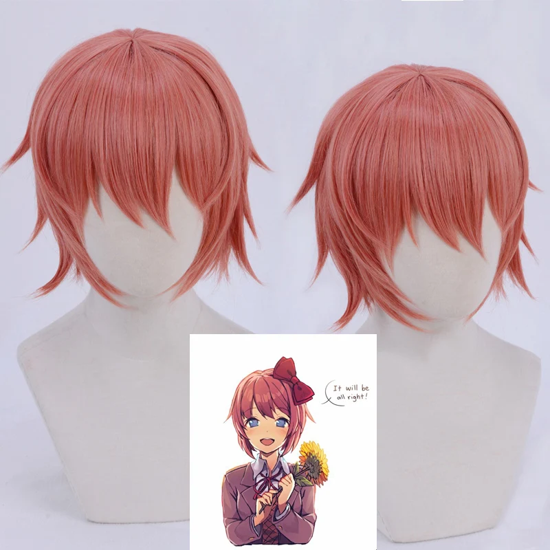 Anime Doki Doki Literature Club Sayori Short Pink Red Heat Resistant Hair Cosplay Costume Wigs + Bow Hairpin + Free Wig Cap