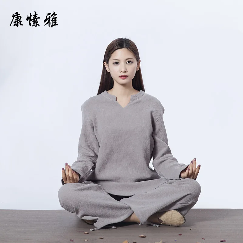 Women Tai Chi Yoga Set Linen Loose Long Sleeve Sweatshrt+pant Jogger Exercise Casual Meditation Kungfu Martial Arts Clothes