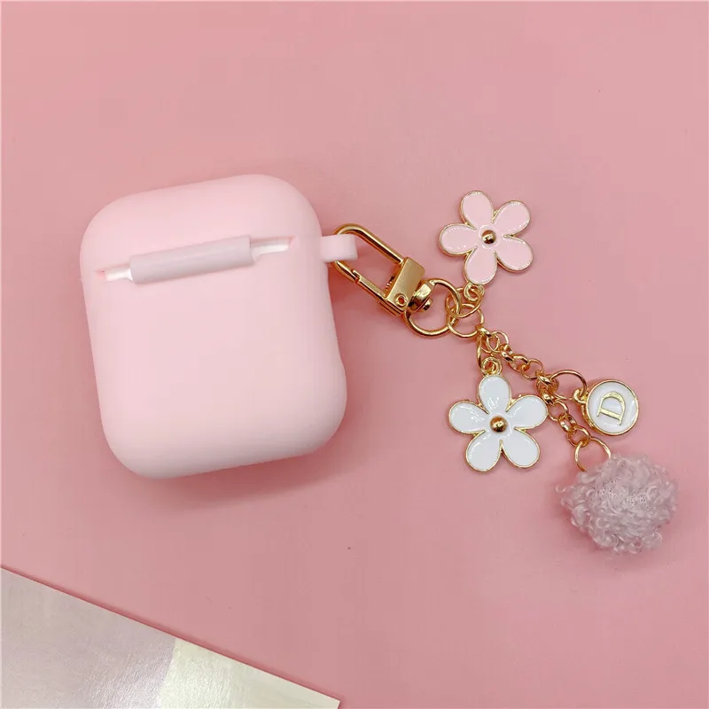 Korea Cute Letter Flower Hairball Keychain Pink Silicone Earphone Case For Apple Airpods 1 2 Pro 3 Bluetooth Headset Cover Sweet