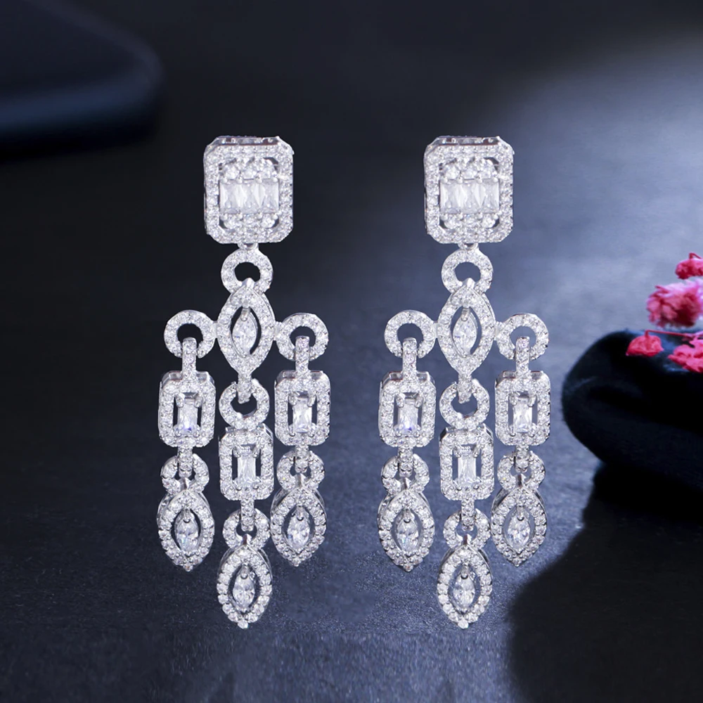 

ThreeGraces Aesthetic Long CZ Crystal Tassel Geometric Square Damgle Wedding Engagement Earrings for Brides Party Jewelry ER688