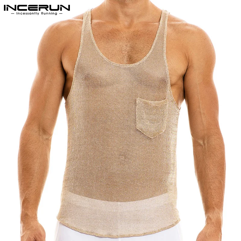 INCERUN Men Tank Tops Sleeveless O Neck Pockets See Through Thin Tops Streetwear Breathable Summer Vests Men Camisetas S-5XL