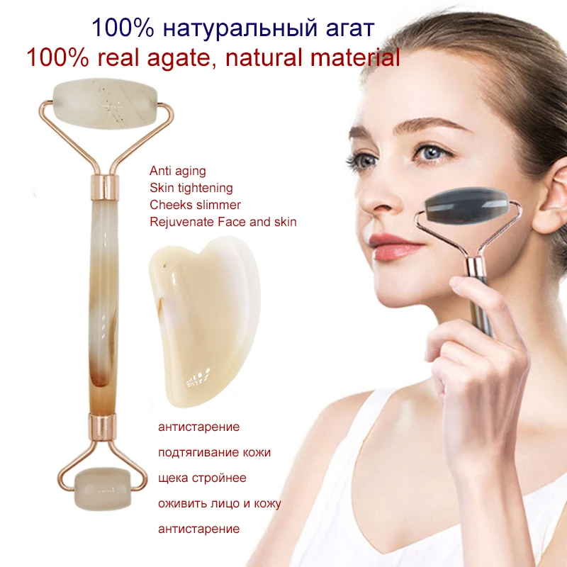 Gouache Set Alat Pijat Keruk Gua Sha Roller Giok Alami untuk Perawatan Kulit Pelangsing Pengencang Leher Tubuh Wajah