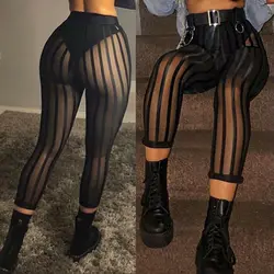 Hot Sexy Mesh Striped Leggings Women Striped Mesh Perspective Pants Knee Length Slim Trousers Club Wear