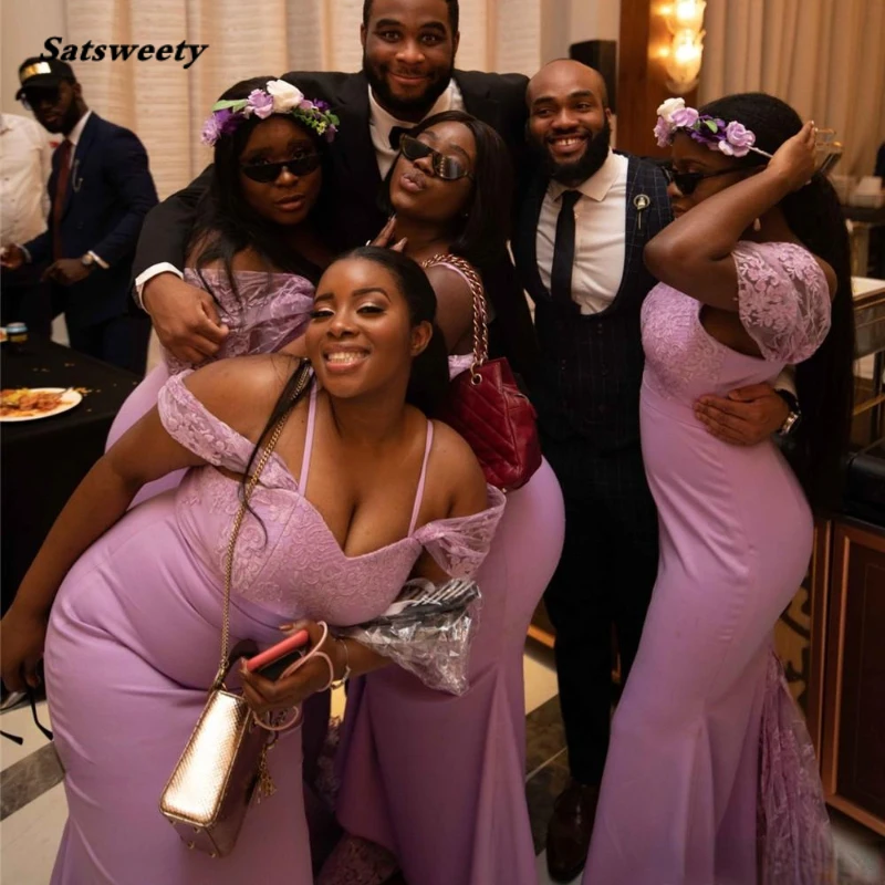 Black Girl Mermaid Bridesmaid Dresses Cheap African Off Shoulder Wedding Guest Gown Long Spaghetti Prom Evening Dress