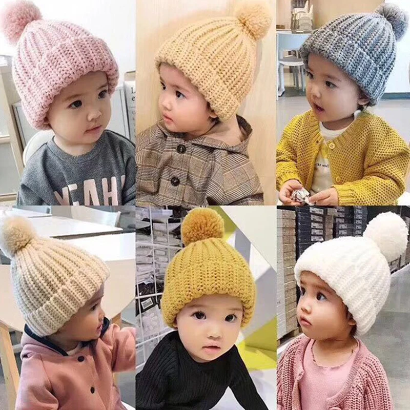 Baby Knitted Winter Hat Boys Girls Pompom Cap Crochet Knitted Candy Color Toddler Beanie Cap Infant Kids Children Hairball Hats