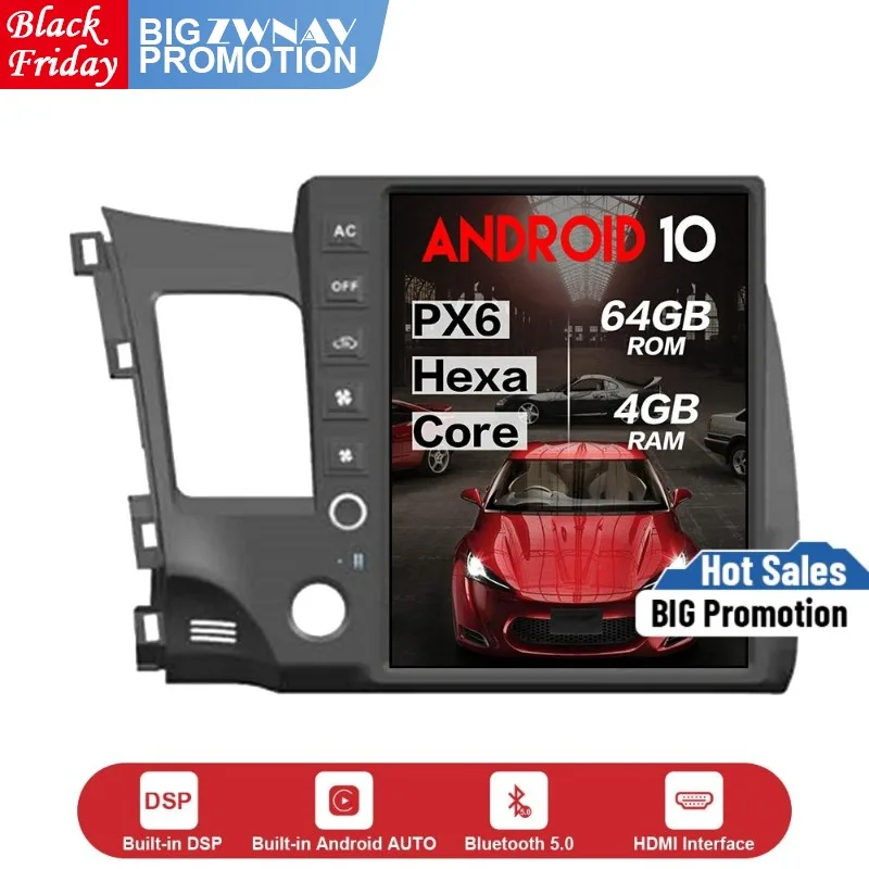 

T- Style screen 4+64GB Android 10.0 Car Multimedia Player GPS For Honda civic 2008-2011 car GPS Navi Radio stereo Head Unit