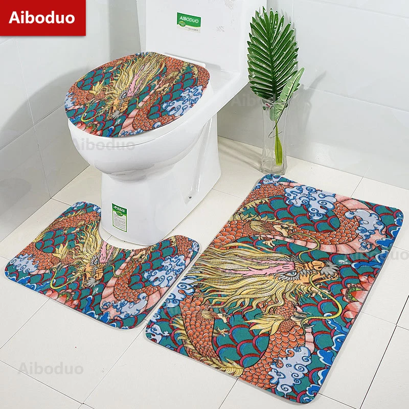 

Aiboduo Drop Shipping 3pcs/set Toilet Lid Cover Set Carpet Non Slip Chinese Style Dragon Home Decoration Restroom Rug Bath Mat