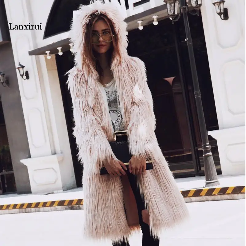 Hairy ยาวสไตล์ Faux เสื้อขนสัตว์ฤดูหนาวปุยปุยอุ่น Hoodie Hooded Coat Chic Outerwear Overcoat Trenchcoats