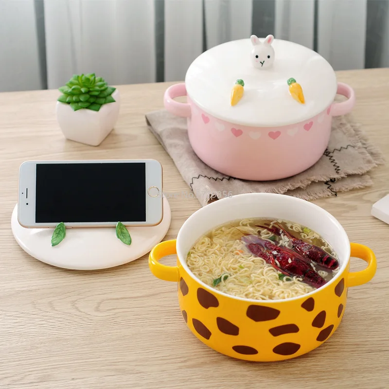 

Japanese Style Cartoon Instant Noodle Bowl with Lid Animal Mobile Phone Holder Ceramic Binaural Soup Bowl Cute Rice Bowl