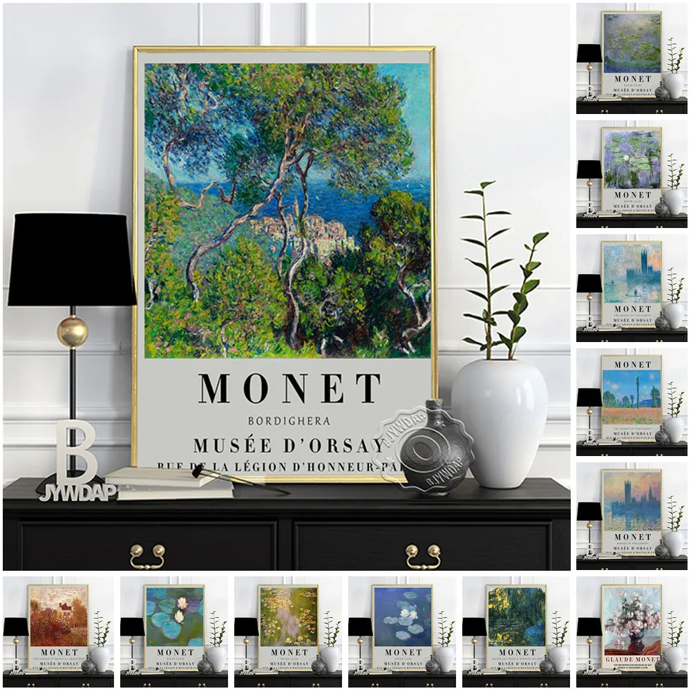 Claude Monet Exhibition Poster, The Houses Of Parliament Sunset Canvas Painting, Water Lilies Art Prints, Retro Monet Wall Art