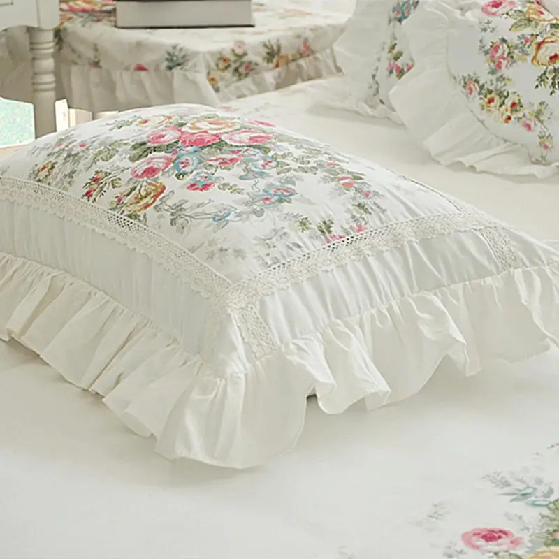 Imagem -05 - Conjunto de Cama Estampado Flores Brancas Coreano Princesa Lace Ruffles Capa de Edredão de Algodão Saia de Cama Colcha Fronhas Tecido Caseiro