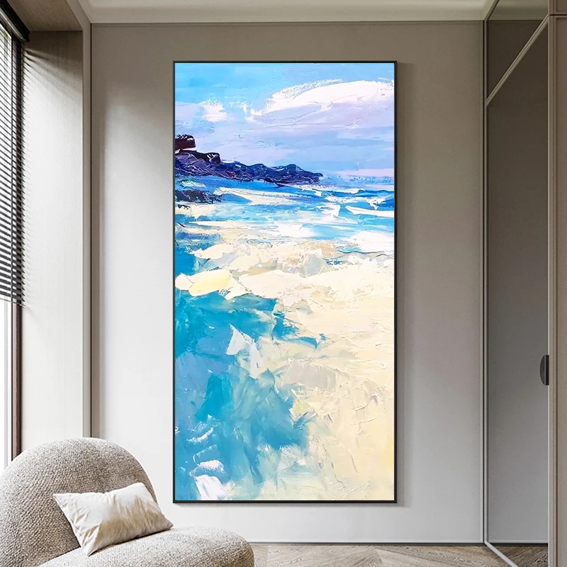 Art July Modern Vertical Version Blue Ocean Beach Hand-painted Decorative Painting Canvas Painting Living Room Home Decoration