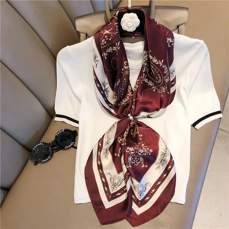 Ladies Luxury Floral Printed Elegant Large Shawl Wrap Hijab Women  Echarpe Bandana Neckerchief Square Imitated Silk Scarf 90x90