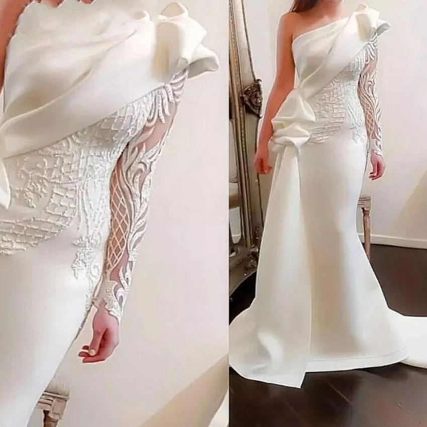 Elegante vestido de noche largo de sirena con un solo hombro, blanco, manga larga, árabe, para graduación, satén, con volantes, apliques, Formal, 2020