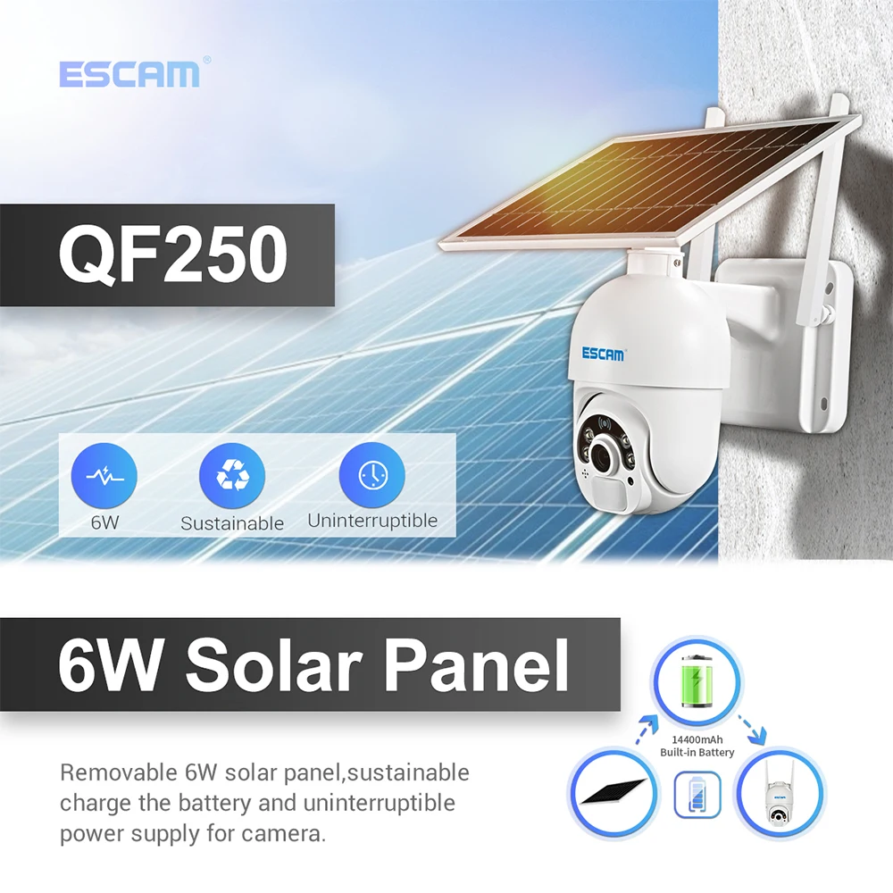 ESCAM QF250 1080P Cloud Storage WIFI Battery PIR Alarm dome IP Camera With Solar Panel Full Color Night Vision Two Way Intercom