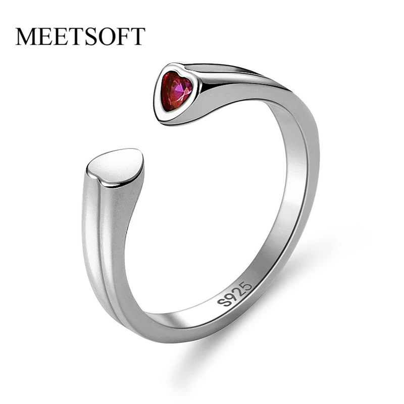 MEETSOFT Trendy 925 Sterling Silver Minimalist Red Heart Zircon 18K Gold Opening Ring for Women Cute Fine Jewelry Drop Shipping