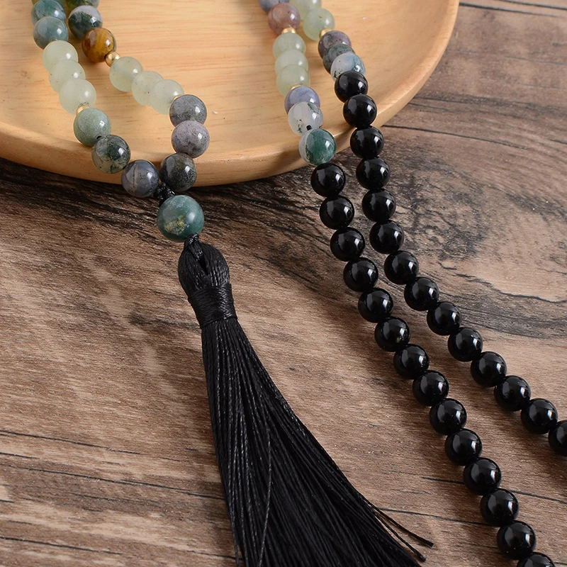 8mm Natural Green Aventurine Indian Agate Black Onyx Beaded Necklace 108 Japa Mala Meditation Yoga Blessing Jewelry Bracelet Set