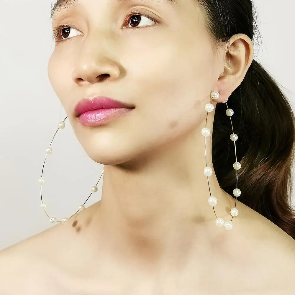 12cm Big Hoop Earrings For Women Stainless Steel Imitation Pearl Statement Earrings Brincos Large Jewelry MANILAI