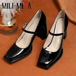 MILI-MIYA New Arrival kobiety krowy skórzane pompy kwadratowe Toe grube obcasy jednokolorowy pasek z klamrą duże rozmiary 34-40 buty wiosenne jesienne