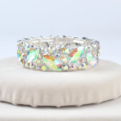 Simple  AB Color Colorful Crystal Cuff Bangles Bracelet Big Wide Stretch Bangle Jewelry Gifts For Women Wedding Accesorios