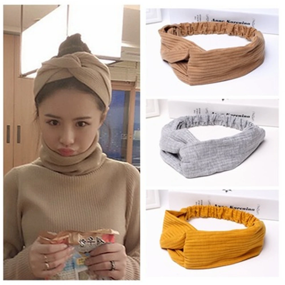 

Korean hairdressing elastic cotton stripe knitting cross hair band retro wide hair band JQ-027