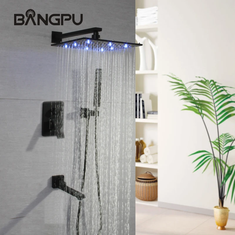 BANGPU LED Shower System With Handheld Shower Set Rainfall Bathroom Shower Mlitfunction Bathroom Shower Head Matter Black Bross