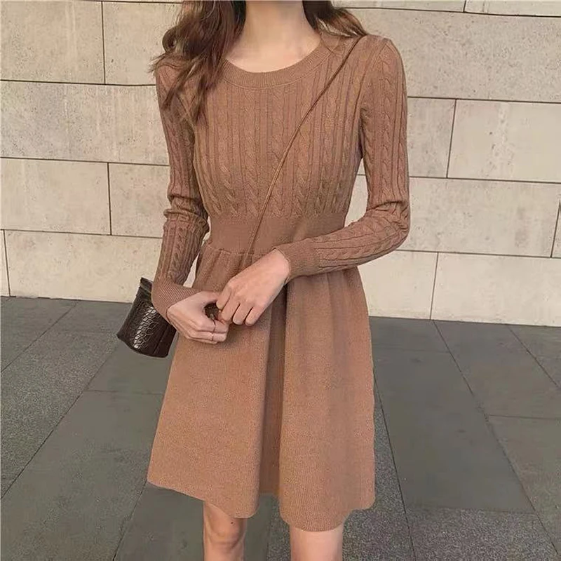 Korean Sweater Dress Women Autumn Winter O Neck Long Sleeve Knitted Mini Dress Casual Dress Female Vestidos