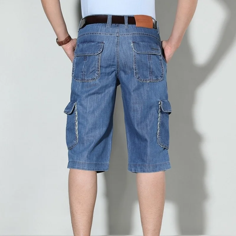 Summer Fashion New Brand Mens Short Jeans Cotton Calf-Length Denim Pants Pocket Loose Baggy Wide Leg Straight Cargo Pants