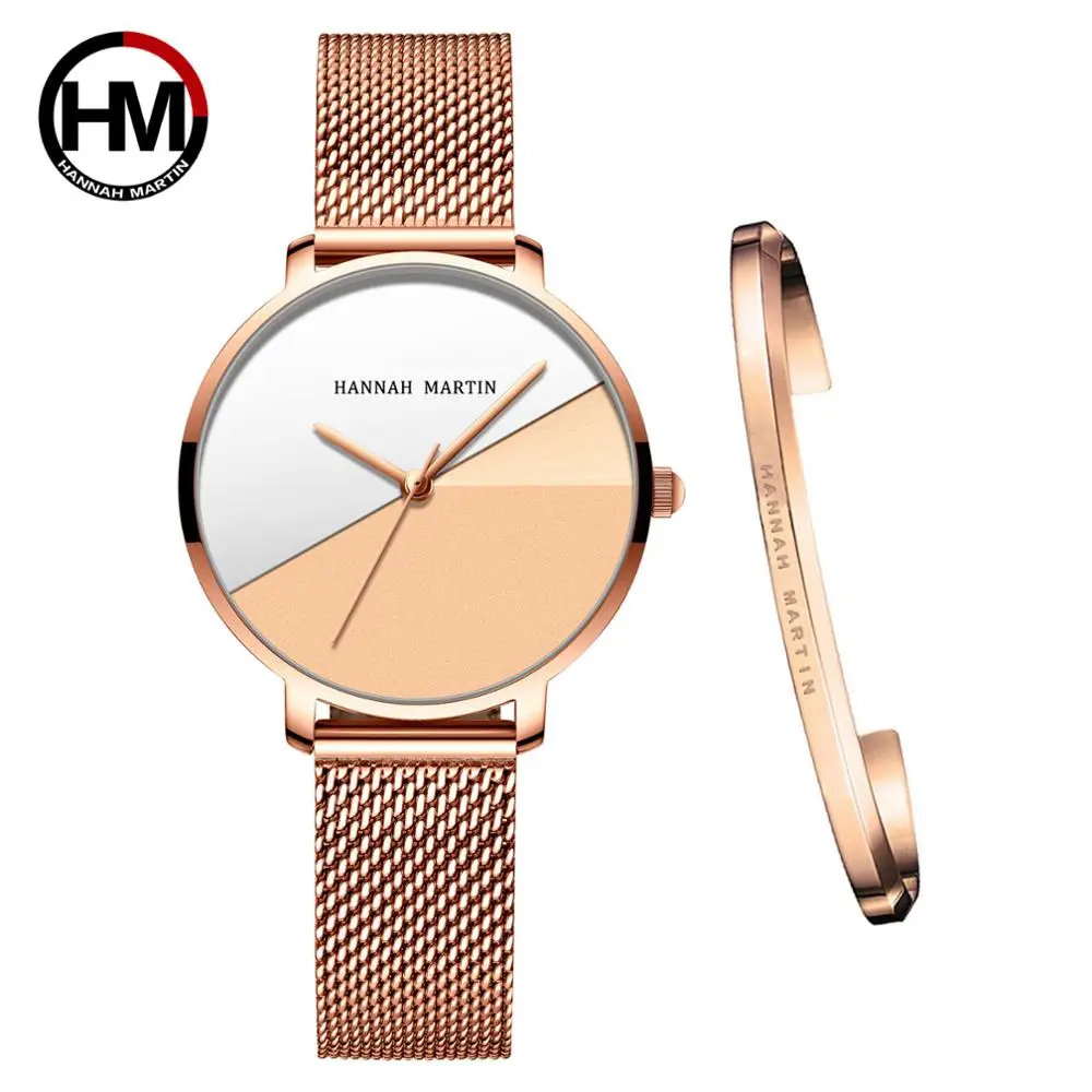 1 Set Bracelet & watch  Japan Quartz Lady Stainless Steel Mesh Double Surface Dial Gradient Rose Gold 30m Waterproof Women Watch