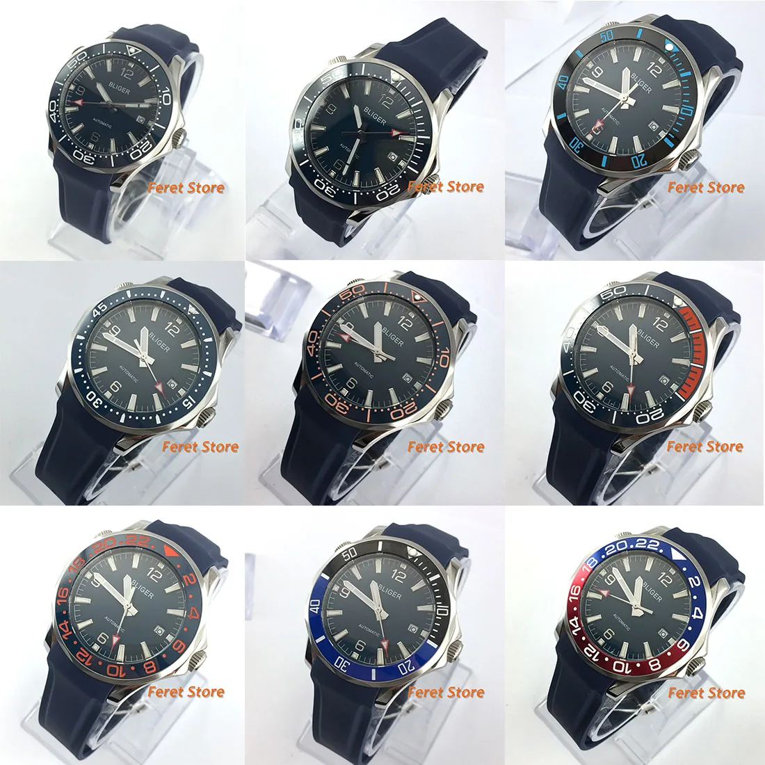 

41mm bliger navy blue dial luminous ceramic bezel sapphire glass date automatic mens watch p35