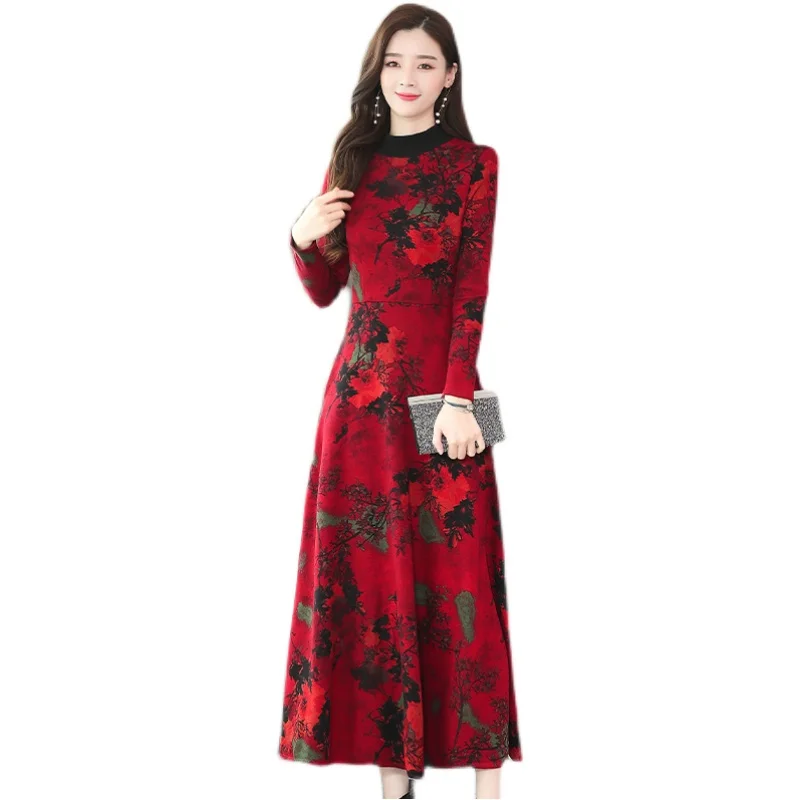 Imagem -06 - Vestido Maxi Floral de Manga Comprida Feminino Grosso Quente Elegante Vintage Bodycon Casual Festa Coreano Vermelho Outono Inverno 2023