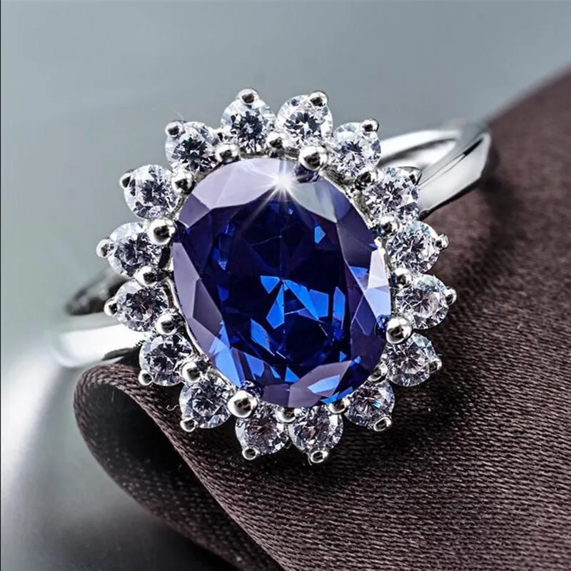 925 Sterling Silver Princess Diana William Kate Middleton\'s Created Blue Sapphire Engagement wedding Ring for Women jewelry